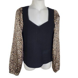 Bailey 44 Womens Black Ribbed Knit Top Animal Print Balloon Long Sleeves Small